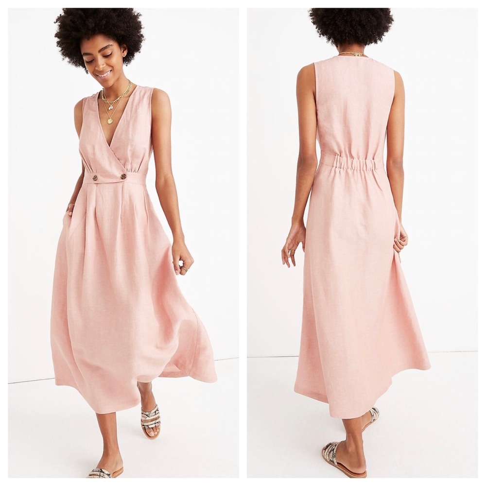 Madewell Button Waist Wrap Midi Dress Linen Antique Coral Size 4 Small